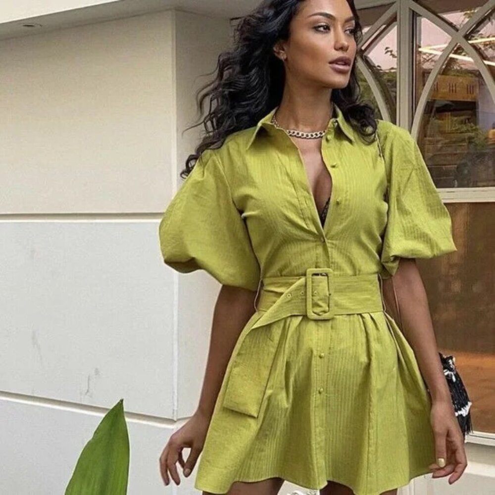 Zara Voluminous Sleeve Mini Belted Dress Pistachio Green